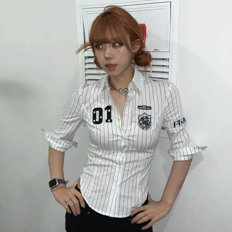 1JINN STUDIO 黑白条纹复古长袖球服衬衫衬衣女收腰修身打底上衣