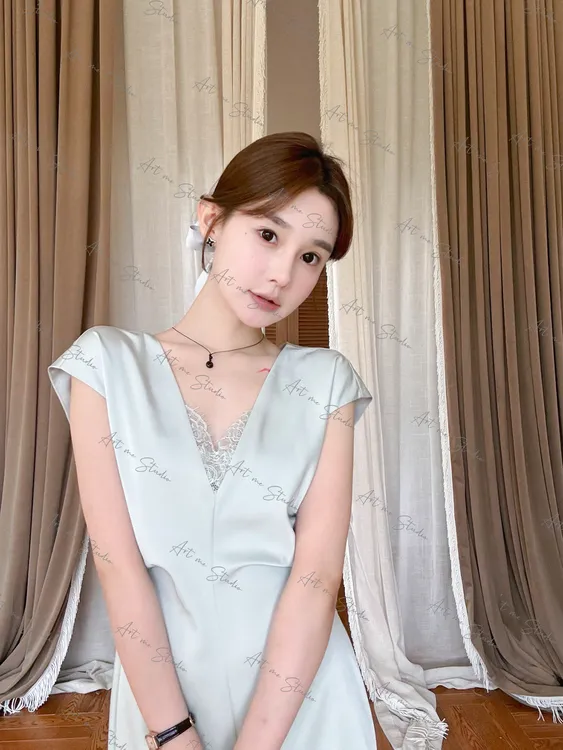 琉璃光感丝滑天丝亚麻美神降临连肩袖收腰两色连衣裙w1589w1