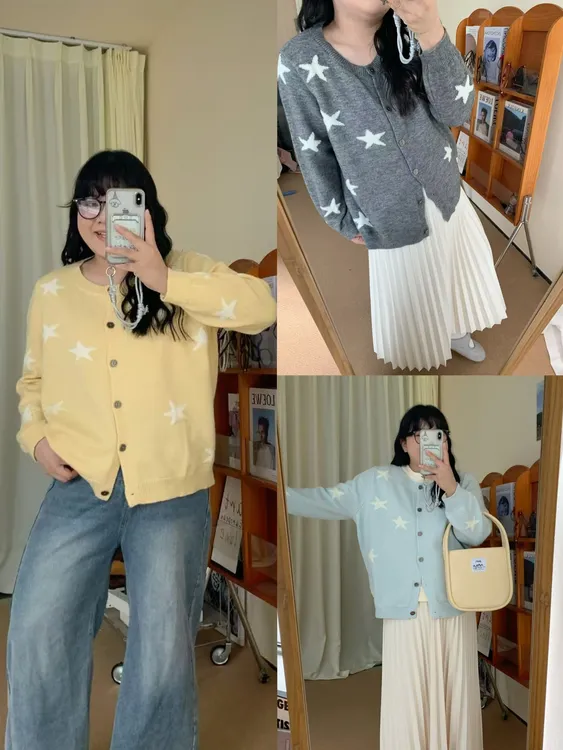 9002大码女装圆领韩系新款星星提花针织开衫宽松显瘦外套上衣