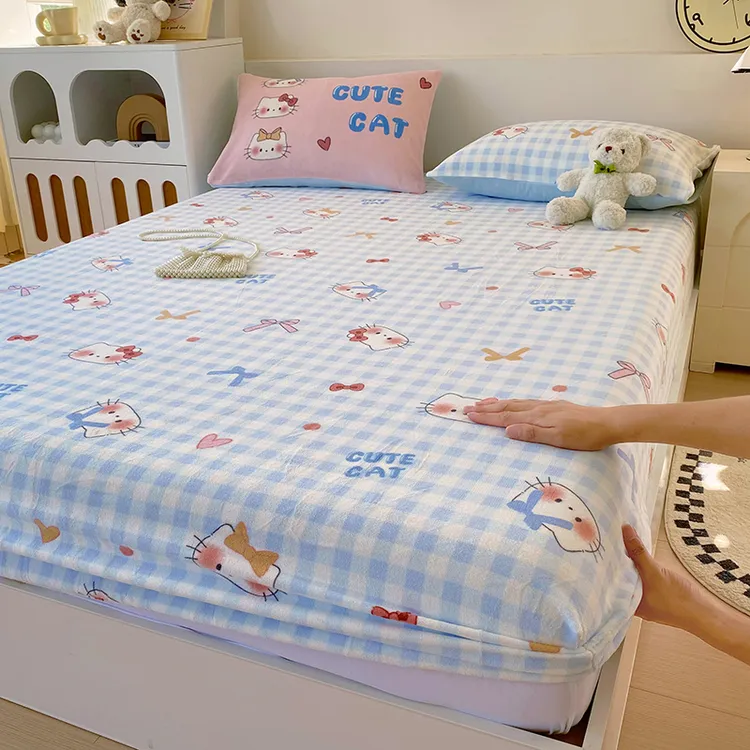 2025新款母婴级卡通印花牛奶绒床笠家用加绒加厚床罩床垫保护套