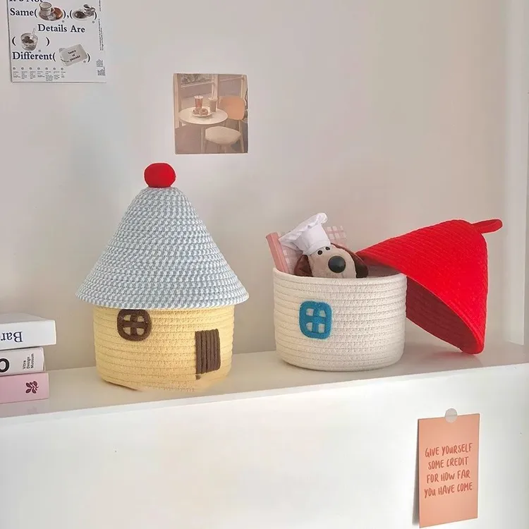 可爱家居小房子收纳筐卡通布艺大容量置物盒趣味桌面编织篮带盖LQ