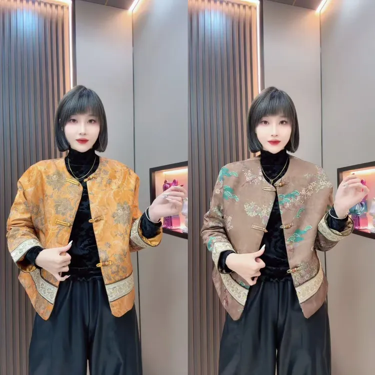 敏宝＋2058醋酸提花金线刺绣袖口盘口棉服外套