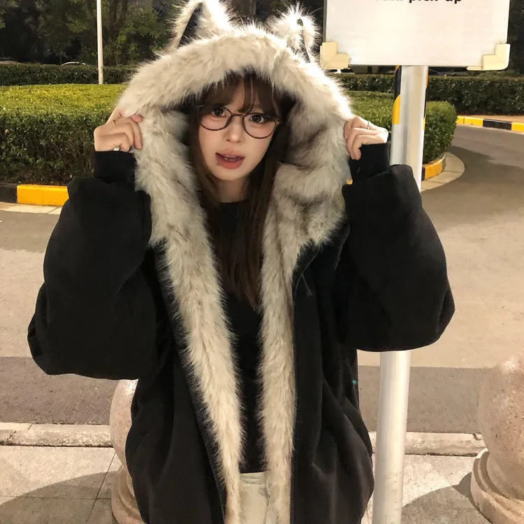 座山雕毛茸茸棉服女2025年新款保暖夹棉连帽棉袄加厚cleanfit外套