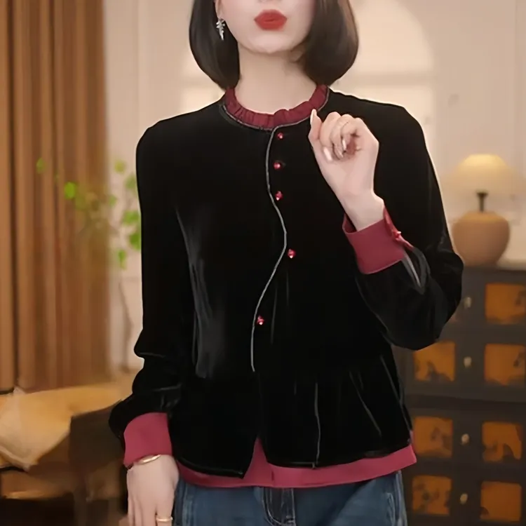 【云梦】新中式国风丝绒衬衫秋季设计感拼色上衣2025秋季气质衬衣女