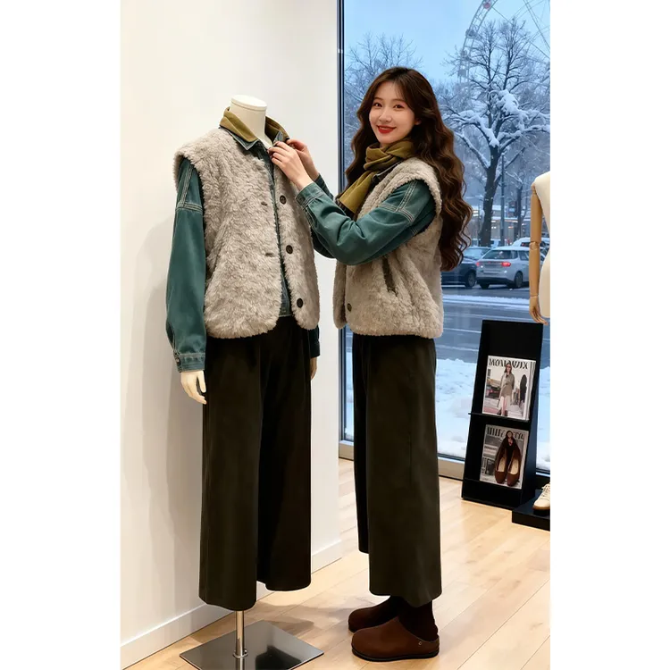 秋冬ootd穿搭一整套大码胖mm牛仔衬衫叠穿毛毛马甲裤子高级套装女