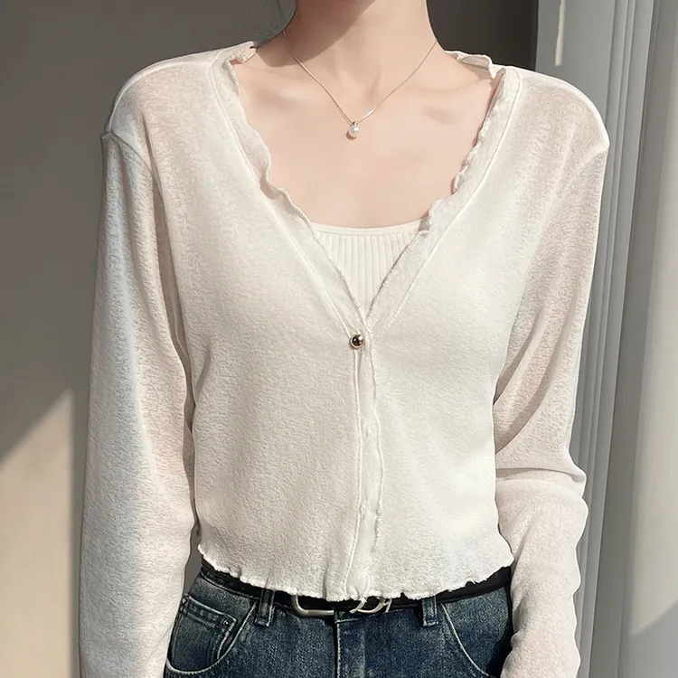 2025夏季薄款冰丝防晒衣针织衫女士长袖花边v领上衣短款外搭开衫