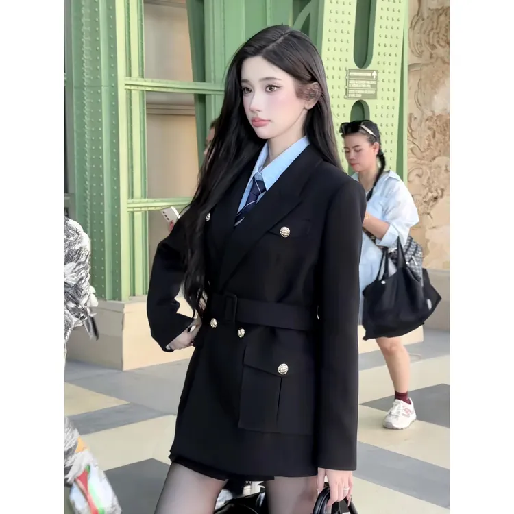 VOCKOO官方2025年秋季学院风套装女早秋高级感西装外套条纹衬衫包