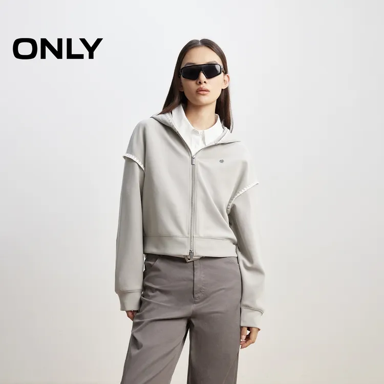 ONLY2025秋季新款休闲撞色钩边亲肤落肩连帽开衫卫衣女|12539R018
