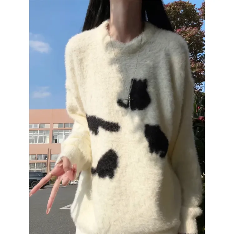 美式海马毛毛衣男款秋冬高级感猫咪印花针织衫宽松圆领套头毛线衣