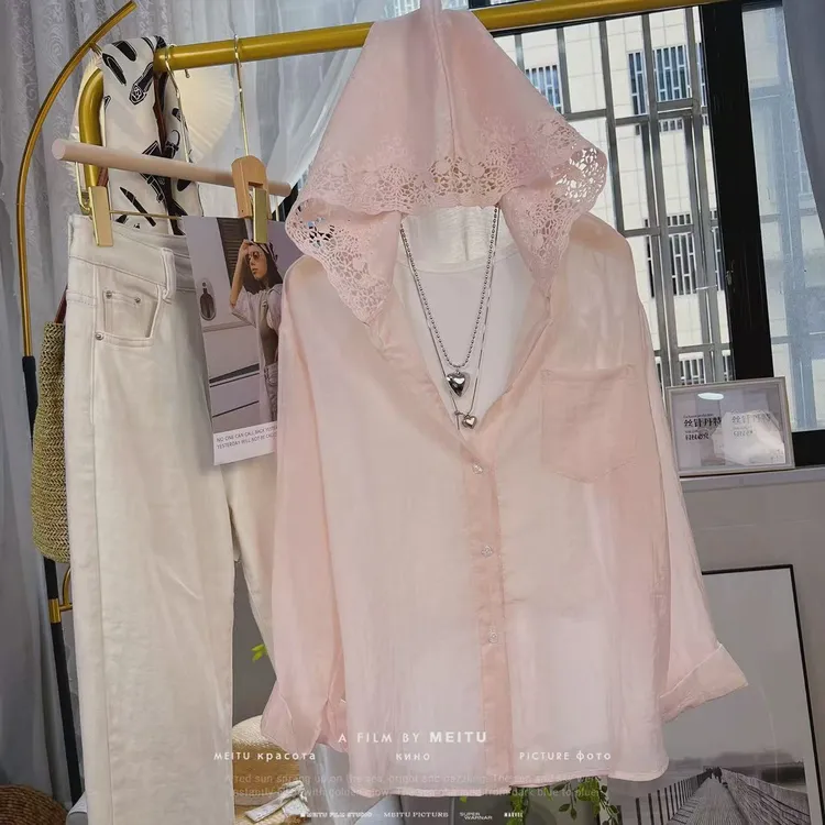 韩系甜美复古蕾丝拼接连帽慵懒风衬衫女夏季新款宽松洋气减龄上衣