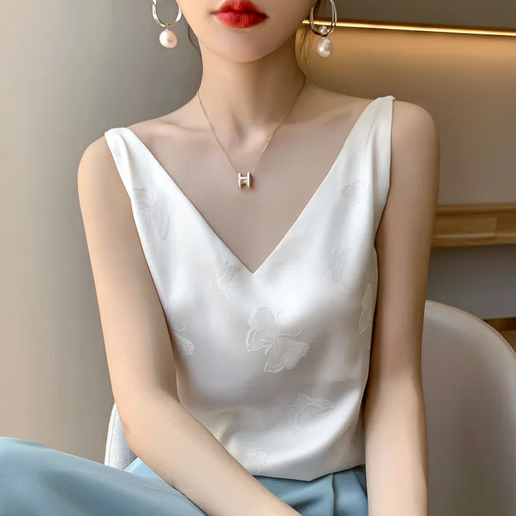 吊带内搭夏季宽松显瘦新款提花背心打底外穿上衣缎面无袖v领国风