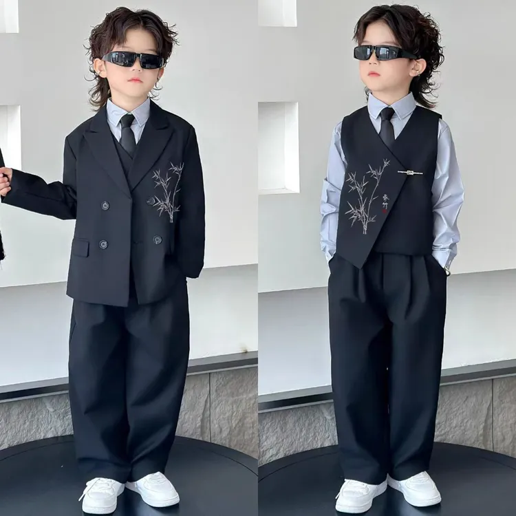 儿童新中式加绒西装男童帅气国风中山装花童礼服男孩小主持演出服
