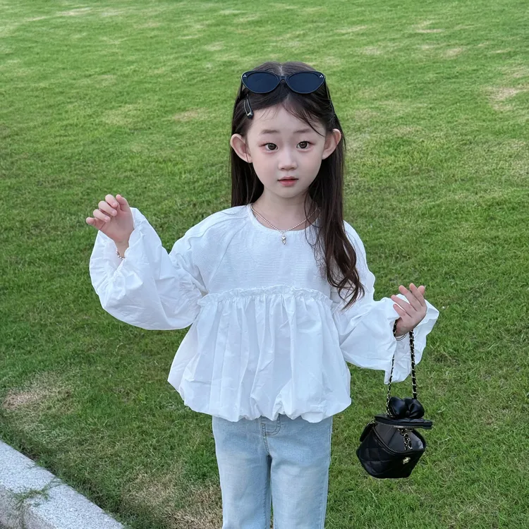 【2025秋季新款】女童套装泡泡袖花苞衬衫宽松洋气百搭裤子两件童装