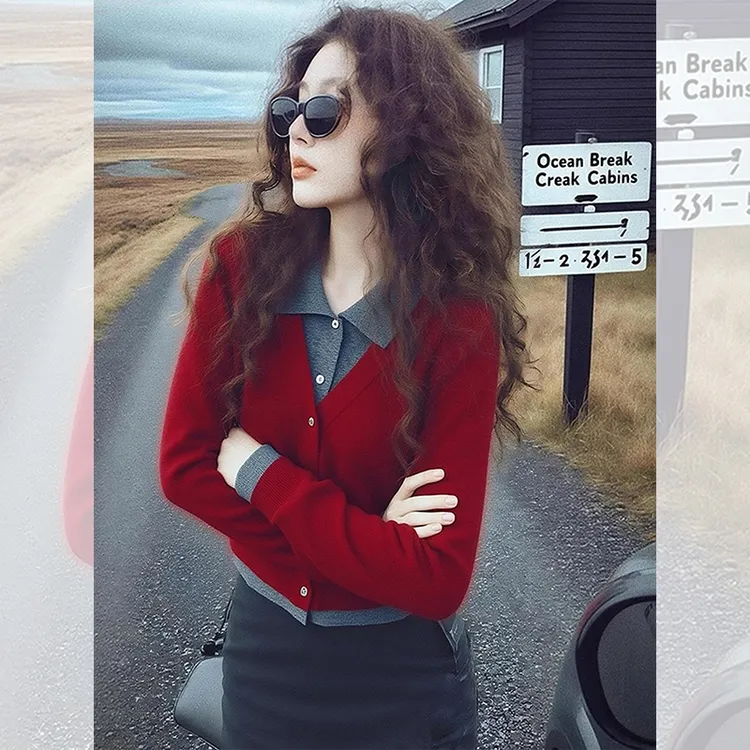 红色假两件独特漂亮polo领小衫女装秋冬季内搭针织衫洋气高贵上衣