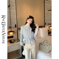 KUN【诺丁假日】经典香风 羊毛亮丝截断式H版型腰带收腰浅蓝色上衣