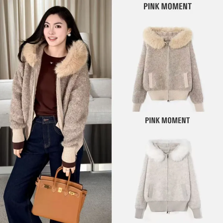 PM王囡囡 米杏/咖色羊毛拉链毛毛领拼接外套 ND1D2205