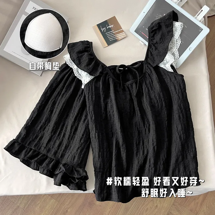 带胸垫夏季新款云朵棉女士睡衣简约小飞袖两件套装家居服蝴蝶结