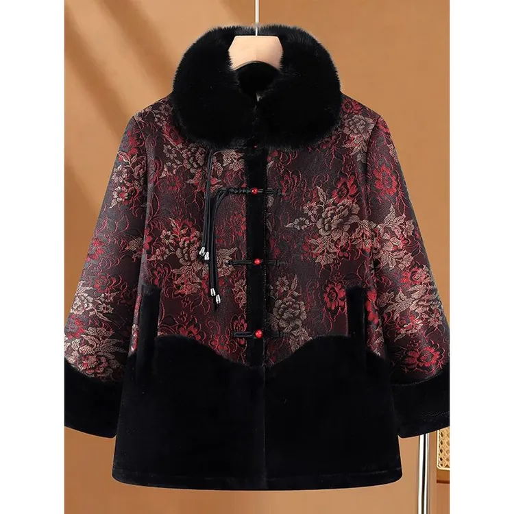 奶奶装冬装加绒老年人袄女老太太衣服妈妈冬季皮毛一体加厚外套