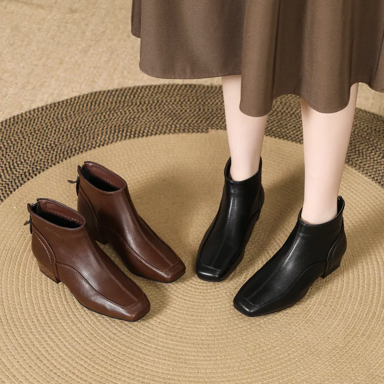 2025秋季耐磨中跟秋冬女粗跟方头冬季靴子英伦风复古短靴6808皮