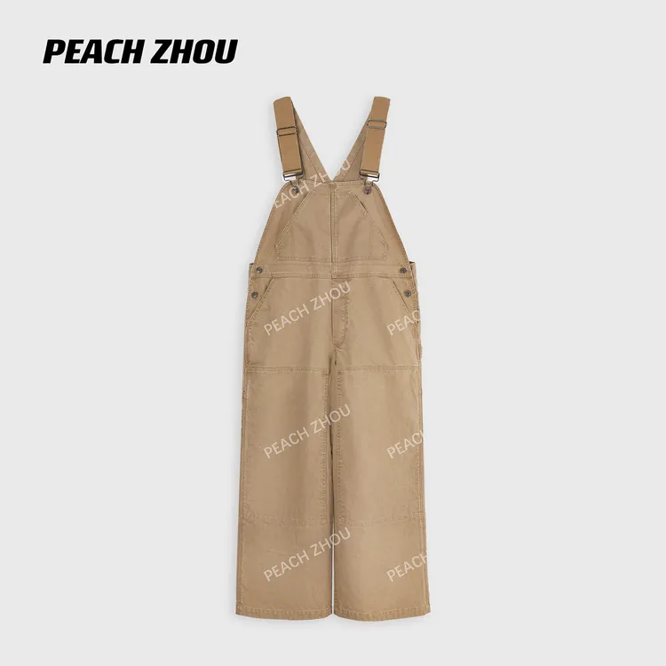 『PEACHZHOU』工装水洗毛边口袋宽松休闲背带裤美式复古阔腿连体裤