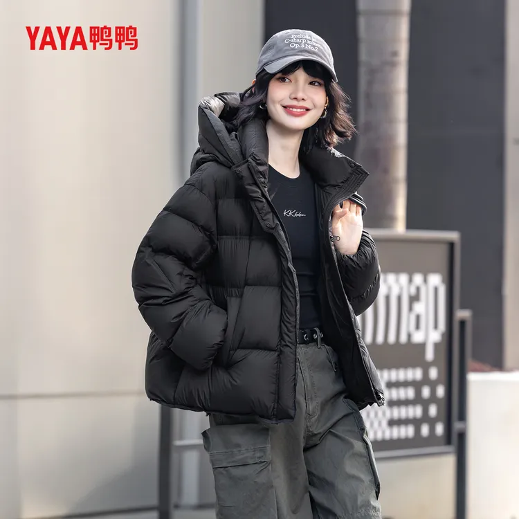 鸭鸭拉链厚款常规袖90白鸭绒连帽女士百搭轻薄潮流保暖外套