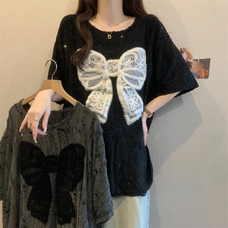 夏季新款破洞烫钻蝴蝶结宽松显瘦抽绳大码短袖T恤漂亮小衫