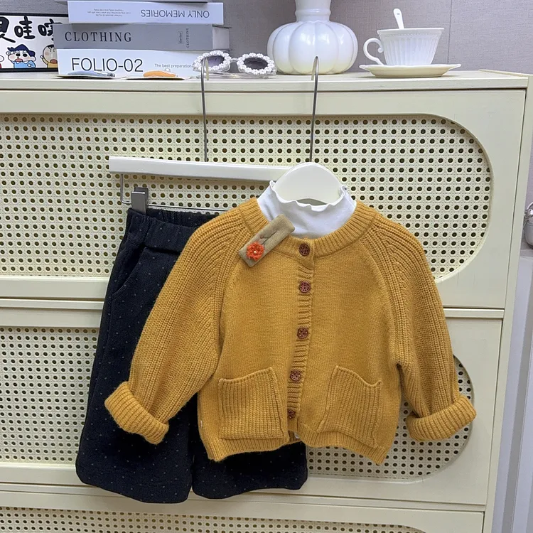 韩国森系小童秋装网红新款针织马甲花边袖打底衫碎花阔腿裤2件套