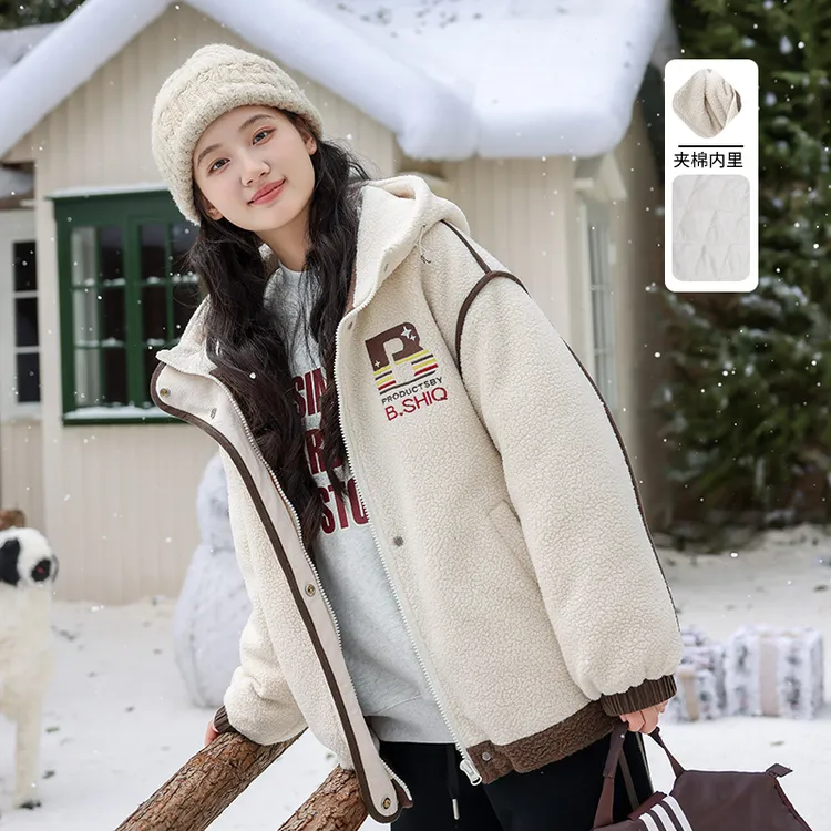初中生羊羔绒夹棉外套高中学生加厚毛绒棉服少女大童学院风棉衣潮
