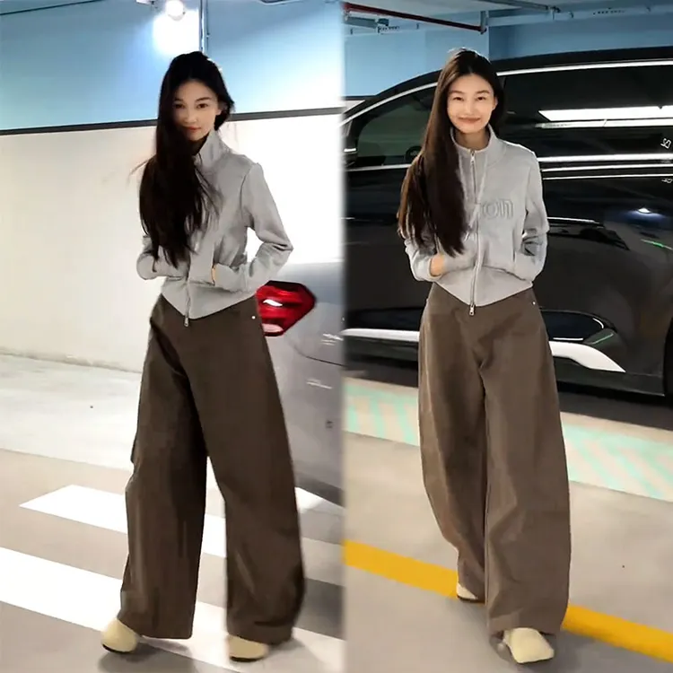 2025秋季新款设计感百搭慵懒风立领长袖开衫女休闲阔腿裤两件套装