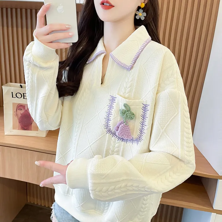 翻领polo衫刺绣卫衣女2025新款春秋韩版宽松薄款洋气百搭上衣外套