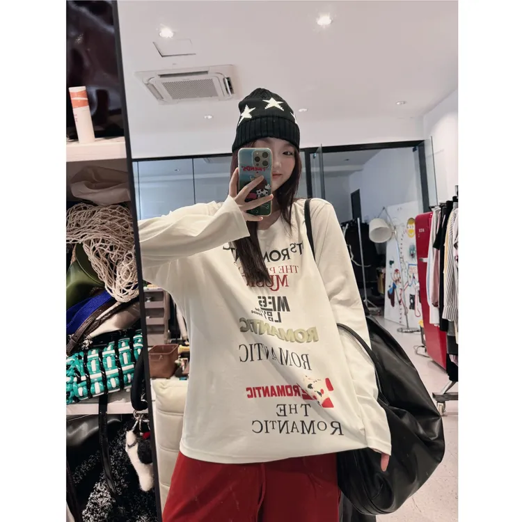 晶咕【少女信笺】小众设计感字母图案圆领长袖T恤上衣