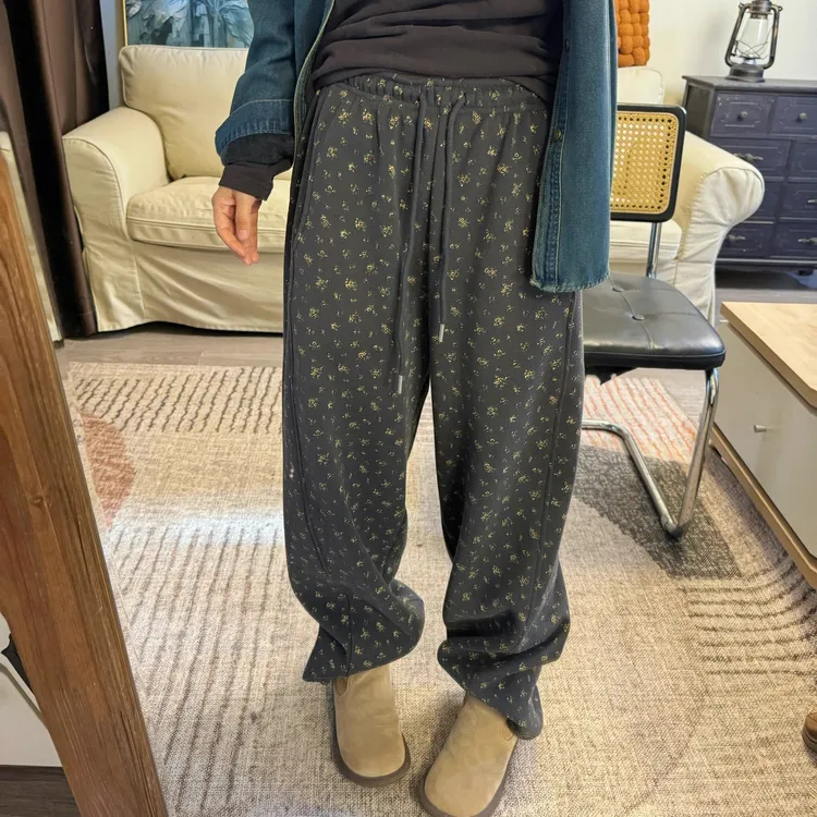 孕妇百搭复古印花高腰休闲阔腿裤慵懒风休闲风春款孕妇裤碎花