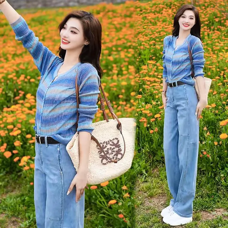 时尚套装女2025春夏季新款长袖防晒针织衫+休闲弯刀牛仔裤两件套