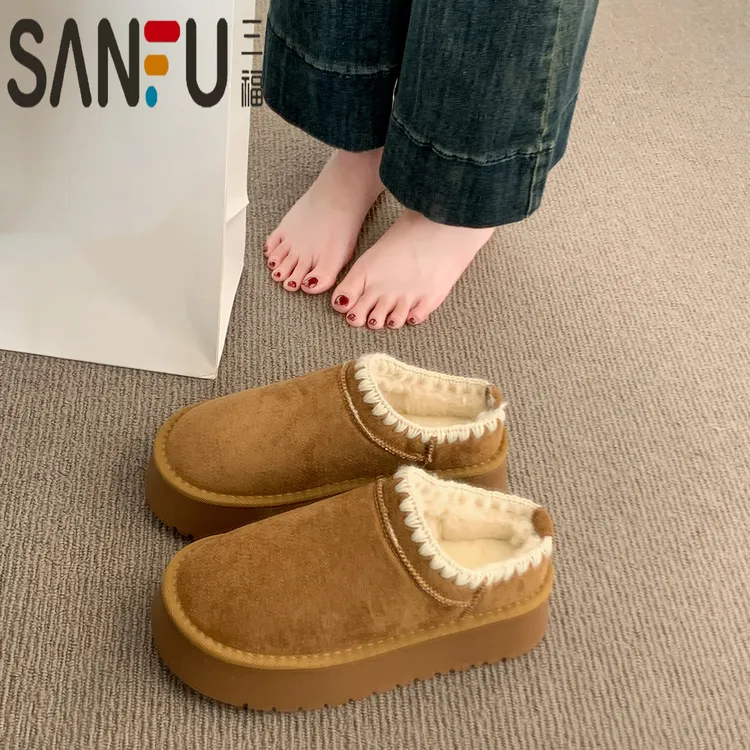 三福厚底加绒勃肯鞋包头半拖鞋女2025新款冬季毛毛鞋棉拖鞋雪地靴