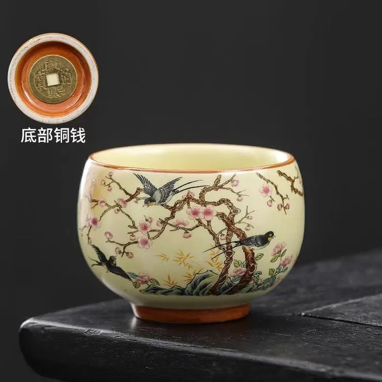 【新品铜钱杯福利】高端陶瓷茶杯网红铜钱底喜上眉梢茶杯主人杯家用