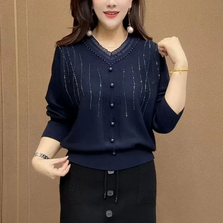 2026春季新款时尚大码宽松气质针织衫妈妈装洋气百搭长袖舒适毛衣