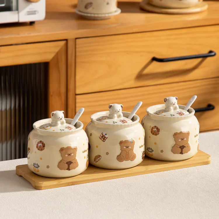 可爱陶瓷卡通调料罐调味瓶罐厨房调料组合套装调料盒盐罐调味罐