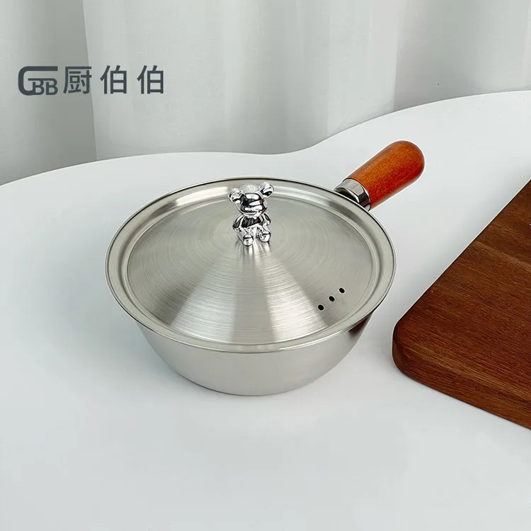 日式一人食小熊锅木柄不锈钢家用木柄带盖小碗沙拉碗