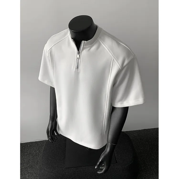 半拉链解构拼接短袖男款正肩polo衫半袖美式重磅短宽boxy版型t恤
