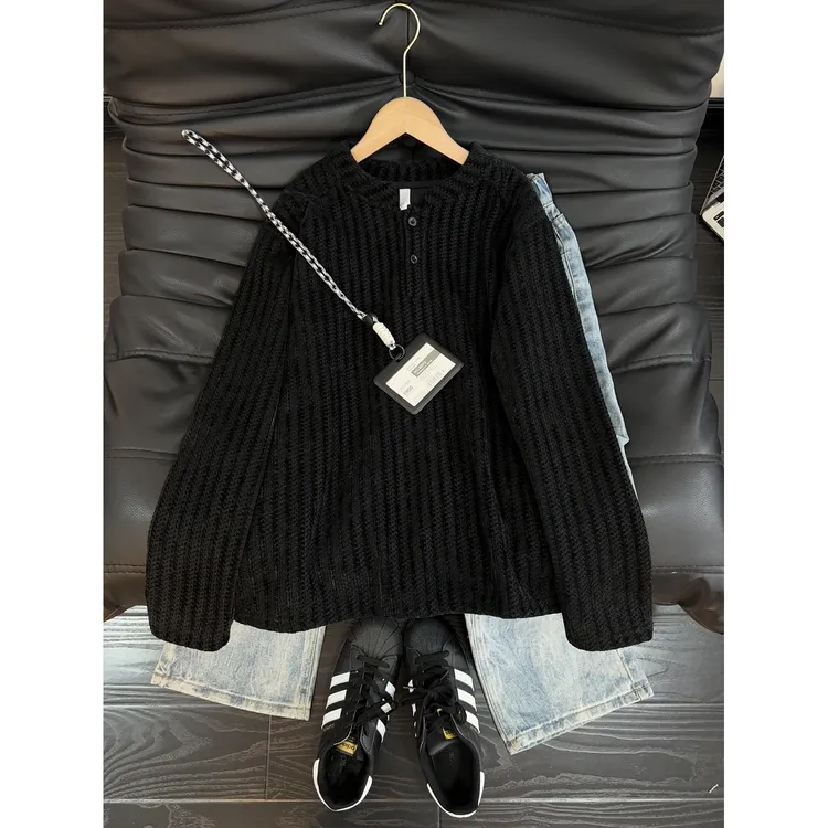 美式亨利领polo衫卫衣男冬季加绒鱼骨纹长袖T恤高级感内搭打底衫