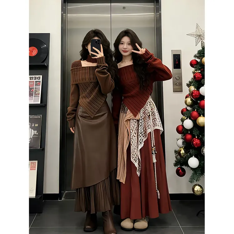 美拉德复古港风穿搭套装2025爆款不规则气质减龄上衣半身裙两件套