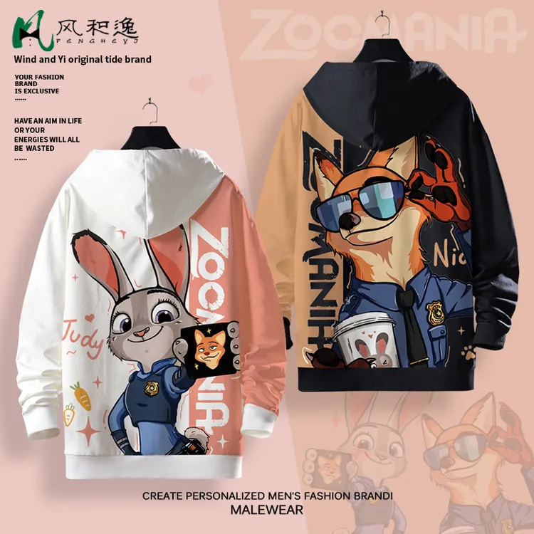卡通情侣卫衣男连帽开衫外套加绒加厚上衣尼克朱迪印花周边衣服潮