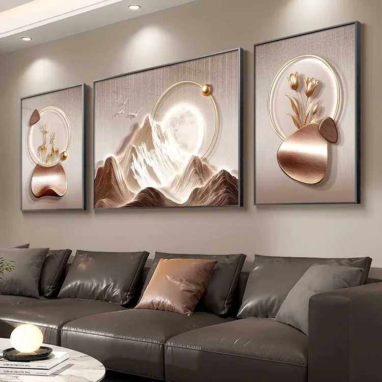 轻奢高级感客厅装饰画背有靠山沙发背景墙挂画现代高档三联组合画