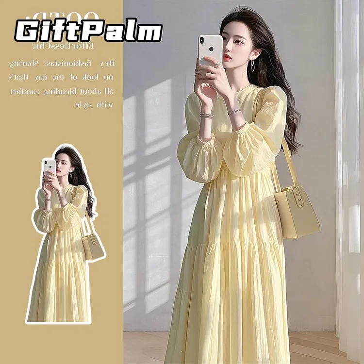 GiftPalm超好看黄色衬衫连衣裙女夏季新款法式度假风仙女气质长裙