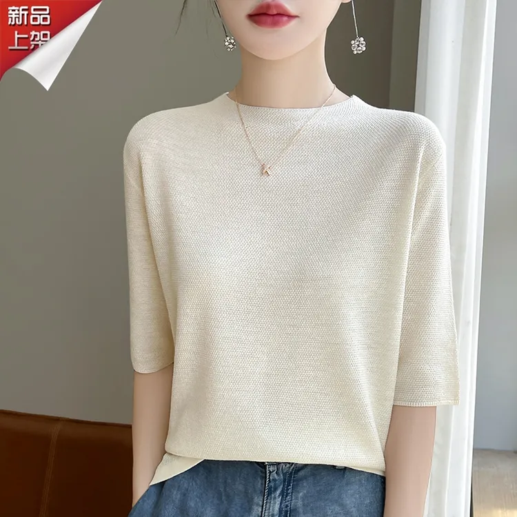 哥弟阿玛施正品夏季精仿圆领半袖薄款针织衫圆领气质宽松显瘦上衣
