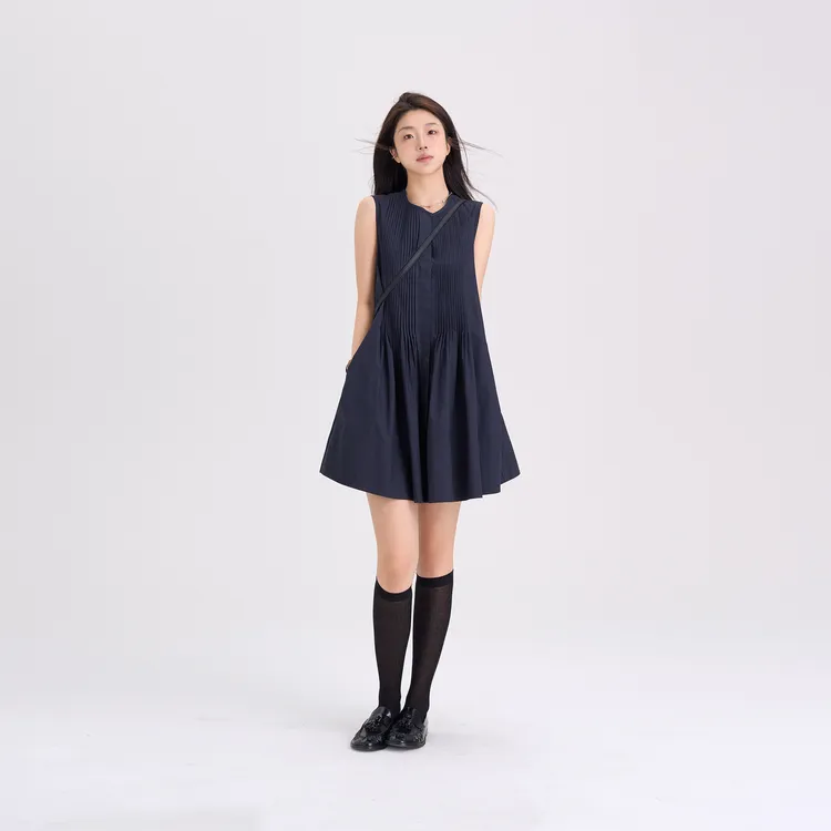“风琴衬衫裙”｜夏日圆领风琴褶背心裙女宽松A字无袖气质百褶连衣裙