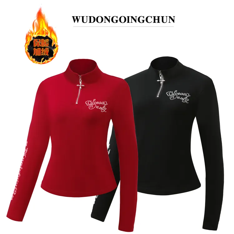 新款半高领水晶烫钻加绒磨毛半拉链上衣时尚潮流休闲百搭长袖