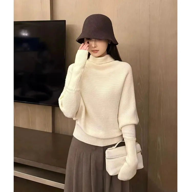 【柔杏轻裹】秋冬季高领设计感半堆堆领套头毛衣女女内搭针织衫056