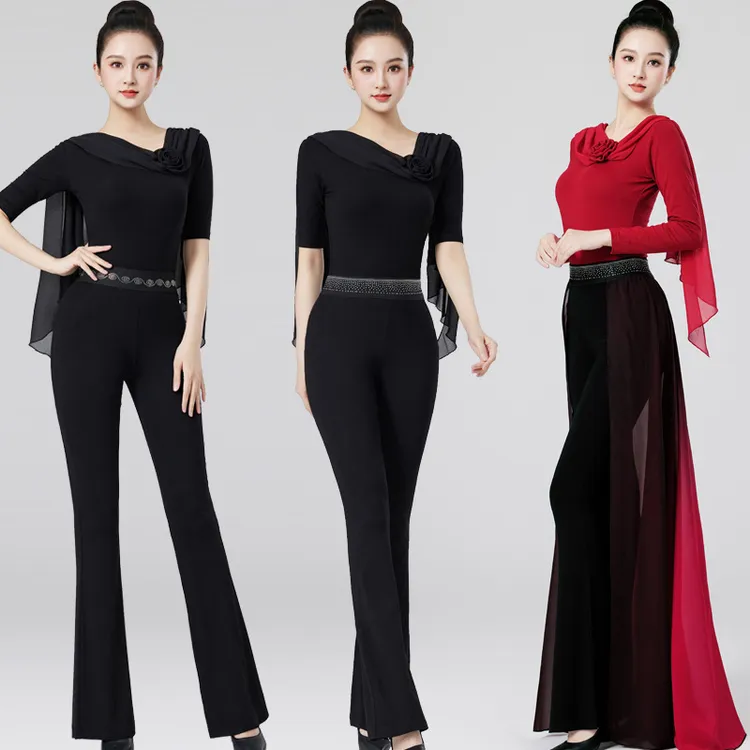 新款形体训练服装女舞蹈模特走秀练功服高腰喇叭裤气质礼仪导师服