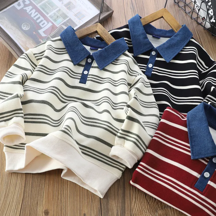 男童牛仔翻领长袖POLO衫2025秋季新款中大童圆领条纹儿童上衣2911